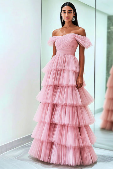 Tulle plissé Une ligne à épaules dénudées Robe de bal rose